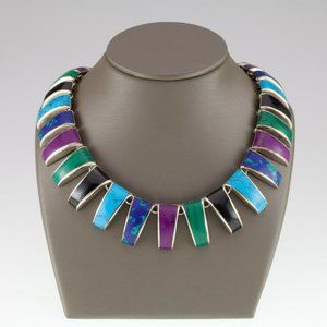 TAXCO Mexico Sterling Silver Multi-Color Inlay Wedge Cut Stone Necklace 15"